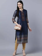 Myshka Women Navy Blue Ethnic Motifs Printed Keyhole Neck Chanderi Silk Kurta - Distacart