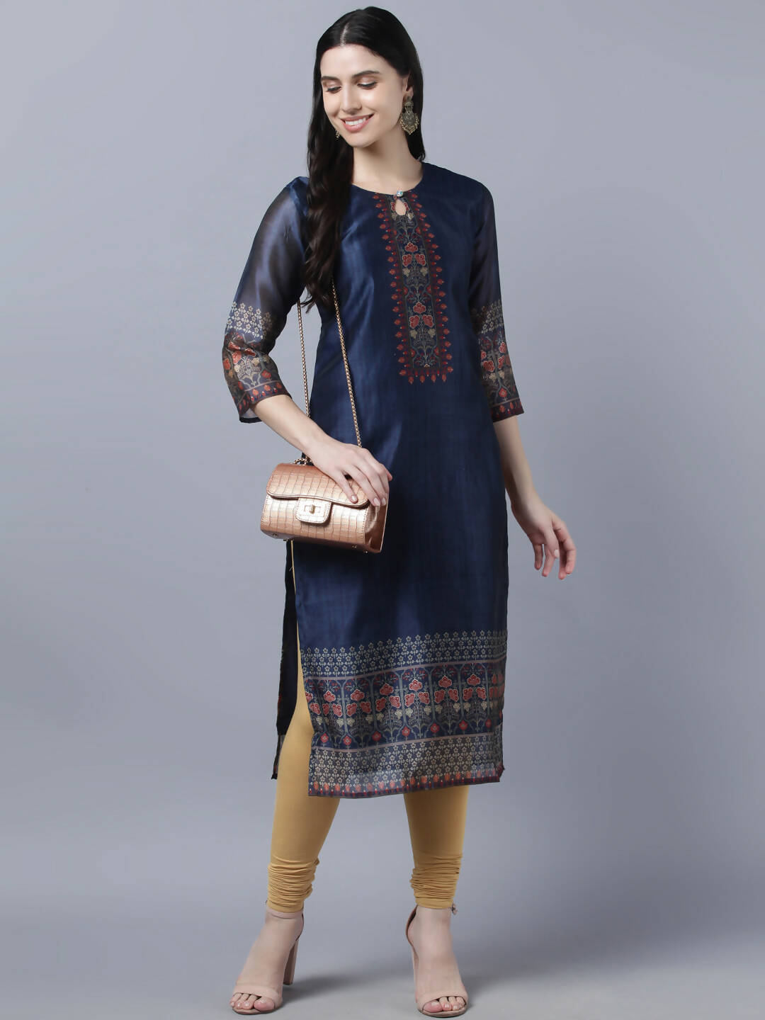Myshka Women Navy Blue Ethnic Motifs Printed Keyhole Neck Chanderi Silk Kurta - Distacart