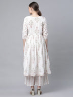 Ahalyaa Women's Off White Pure Cotton Printed Kurta Palazzo Set