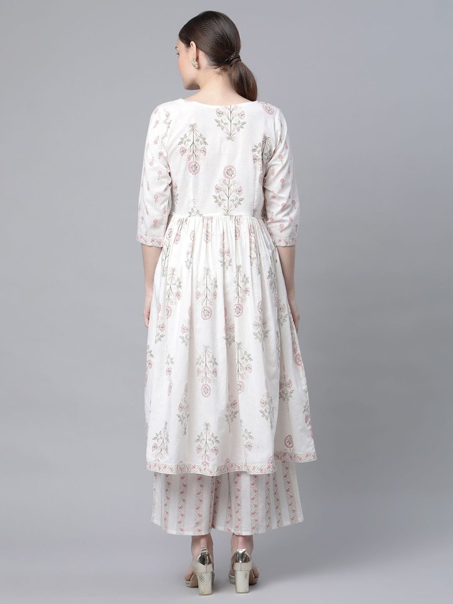 Ahalyaa Women's Off White Pure Cotton Printed Kurta Palazzo Set