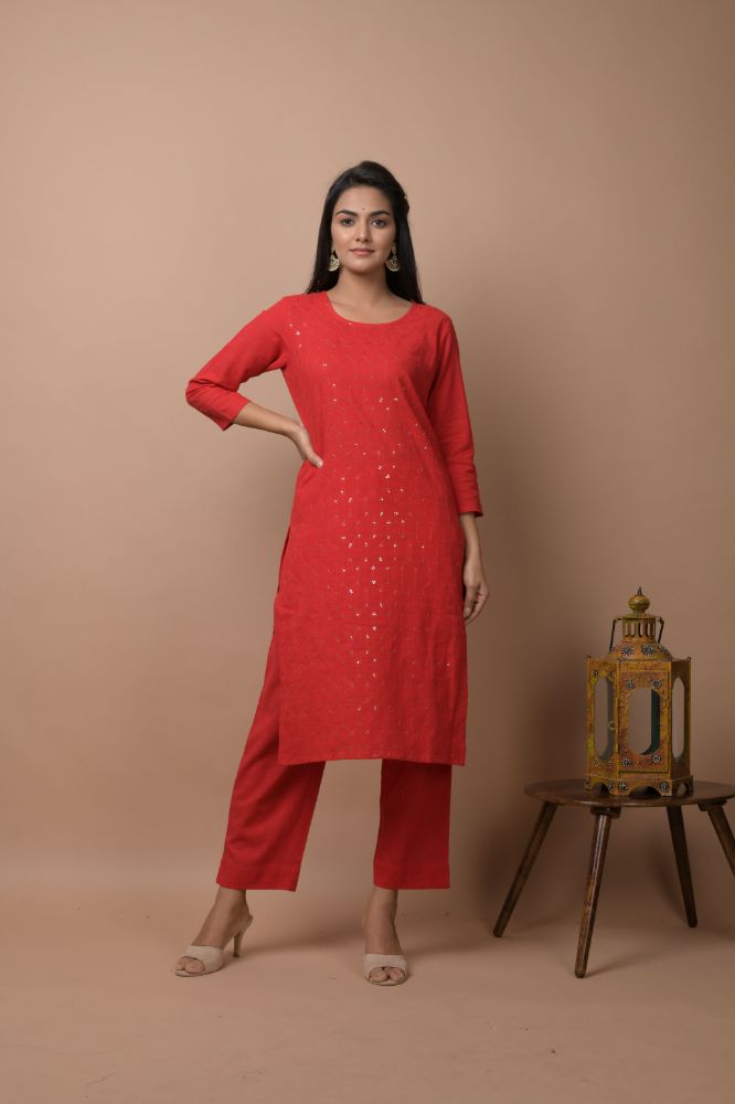Kaajh Women's Red Solid Sequins Embellished Kurta Pant Set - Distacart