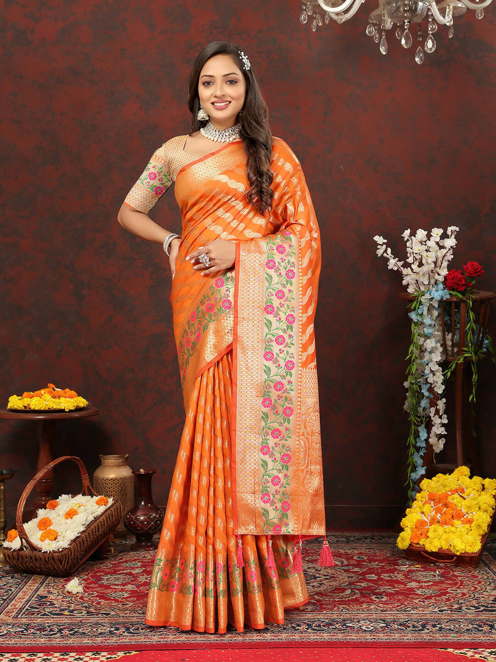 Lorenvalley Fashion Orange Soft Silk Woven Design with Zari Weaving Leheriya Design Saree