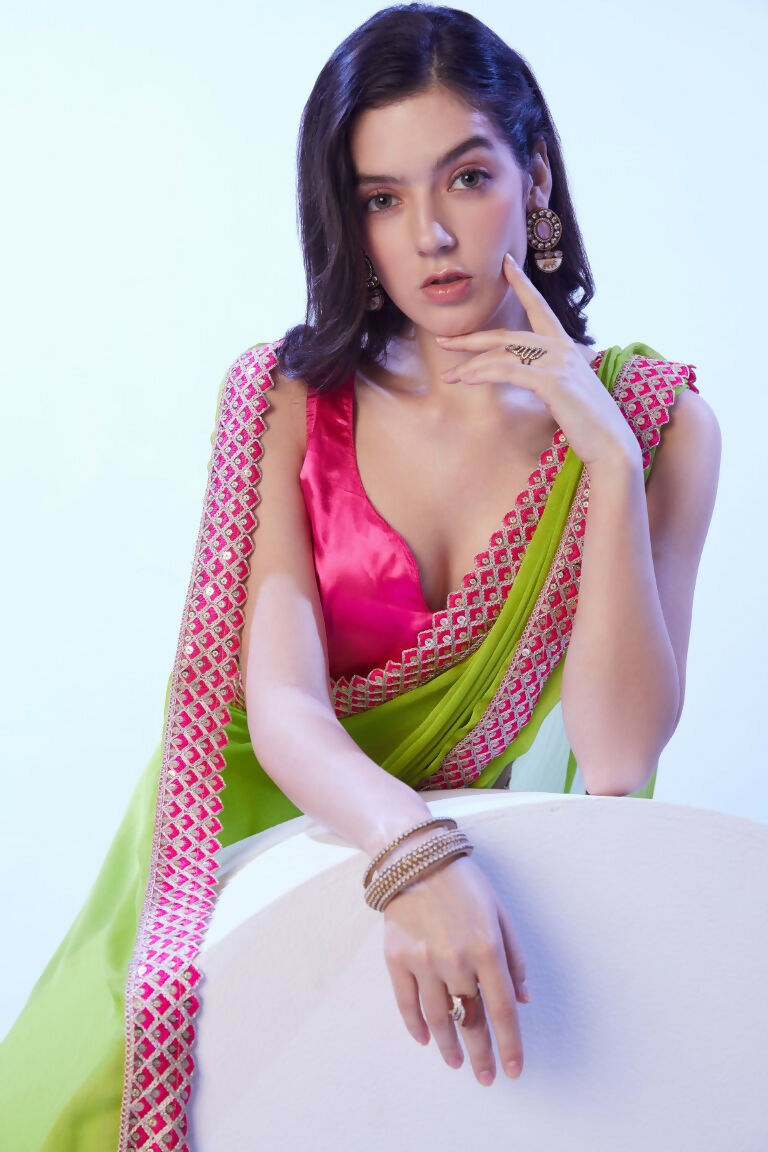 Green Moss Solid Designer & Lace Work Saree - Samaa