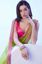 Green Moss Solid Designer & Lace Work Saree - Samaa