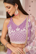 Aastha Fashion Lavender Butterfly Net White Cotton Thread Work, Zari Work And Sandwich Sequence Work Embroidery Wedding Wear Lehenga Choli