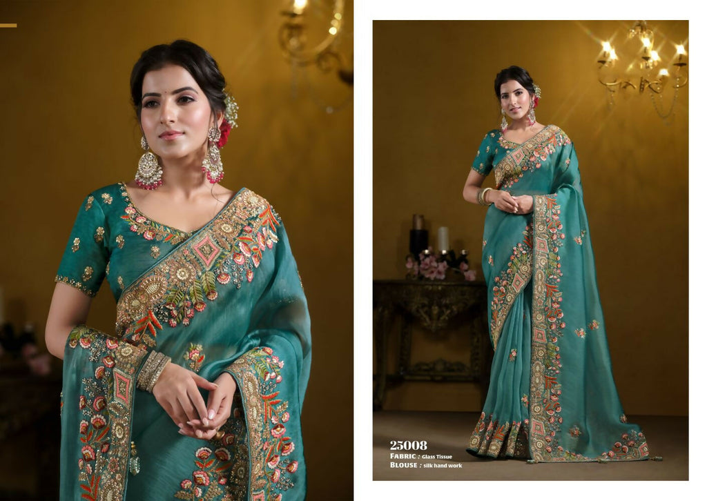 Teal Blue Pure Twill Tissue Pure Khatli work Designer Saree With Blouse. - Rajasvi