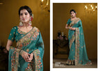 Teal Blue Pure Twill Tissue Pure Khatli work Designer Saree With Blouse. - Rajasvi