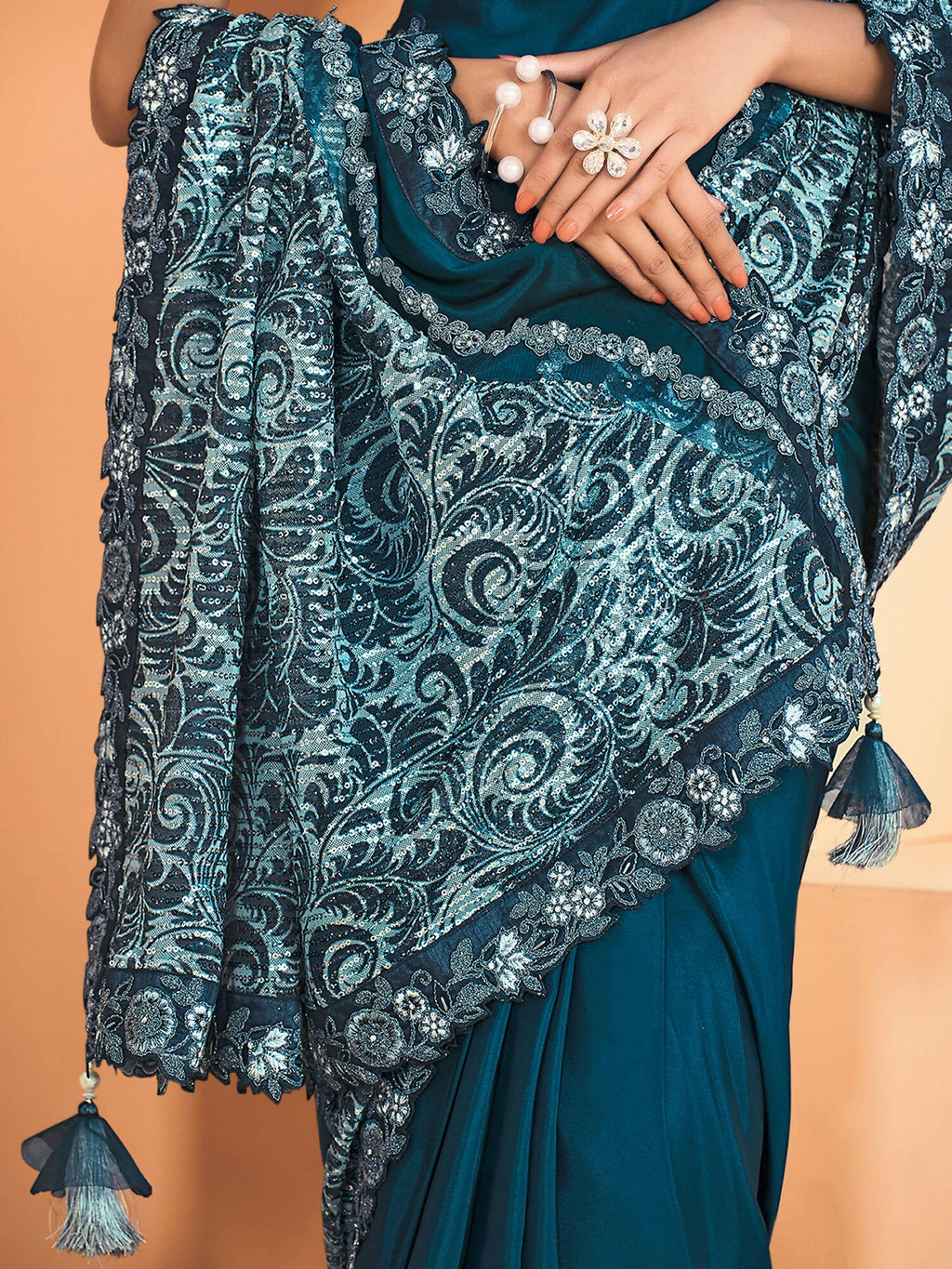Teal Satin Crepe Silk Sequence Embroidered Saree With Unstitched Blouse - Mohmanthan Yavanika