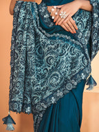 Teal Satin Crepe Silk Sequence Embroidered Saree With Unstitched Blouse - Mohmanthan Yavanika