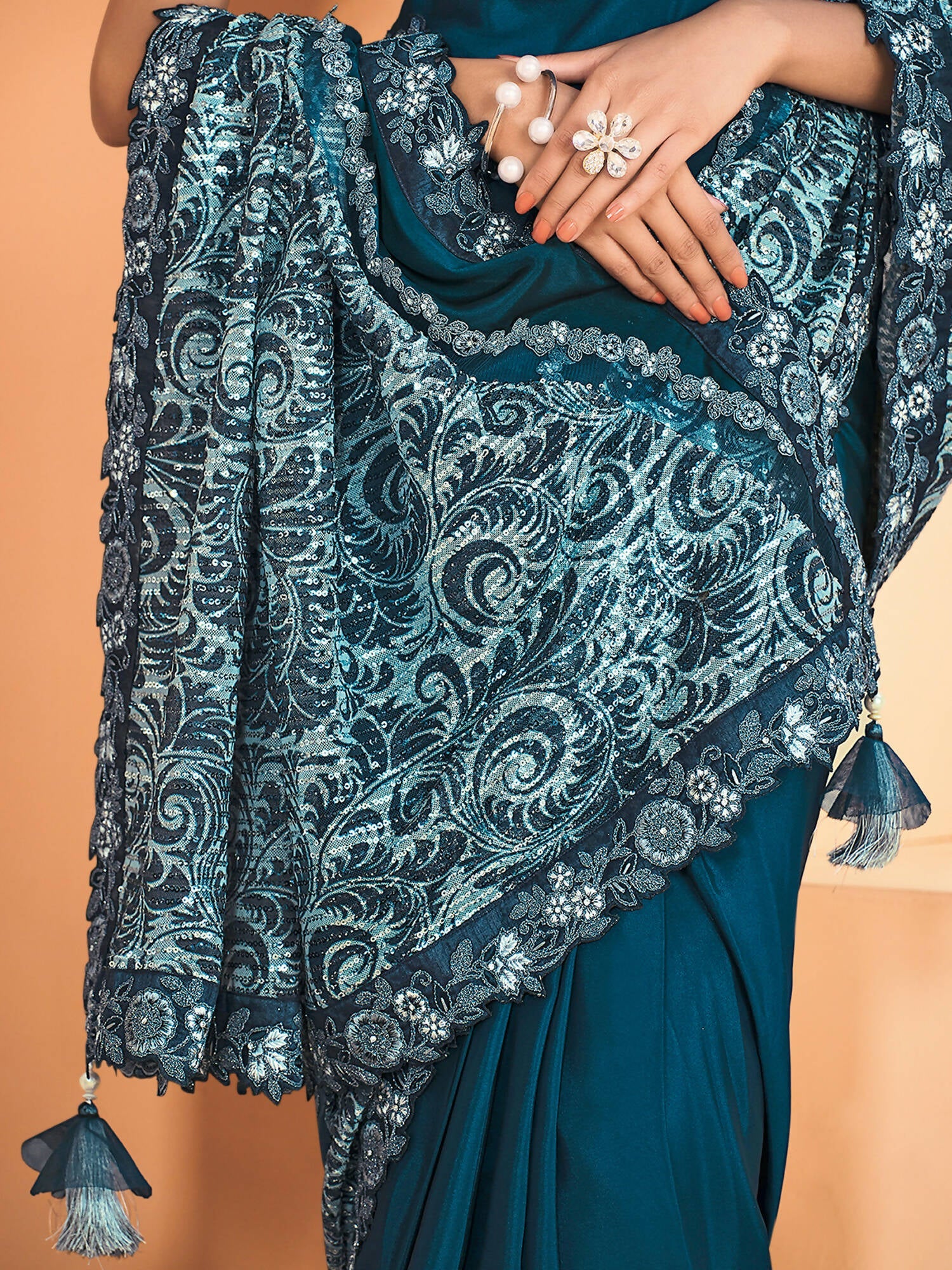 Teal Satin Crepe Silk Sequence Embroidered Saree With Unstitched Blouse - Mohmanthan Yavanika