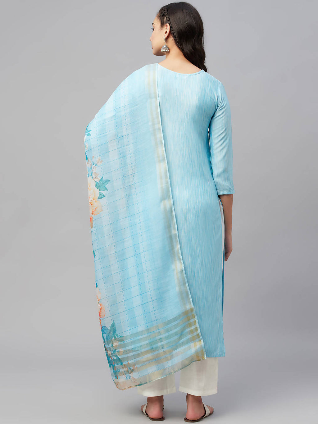 Myshka Turquoise Embroidered 3/4 Sleeve Round Neck Kurta Pant Dupatta Set - Distacart