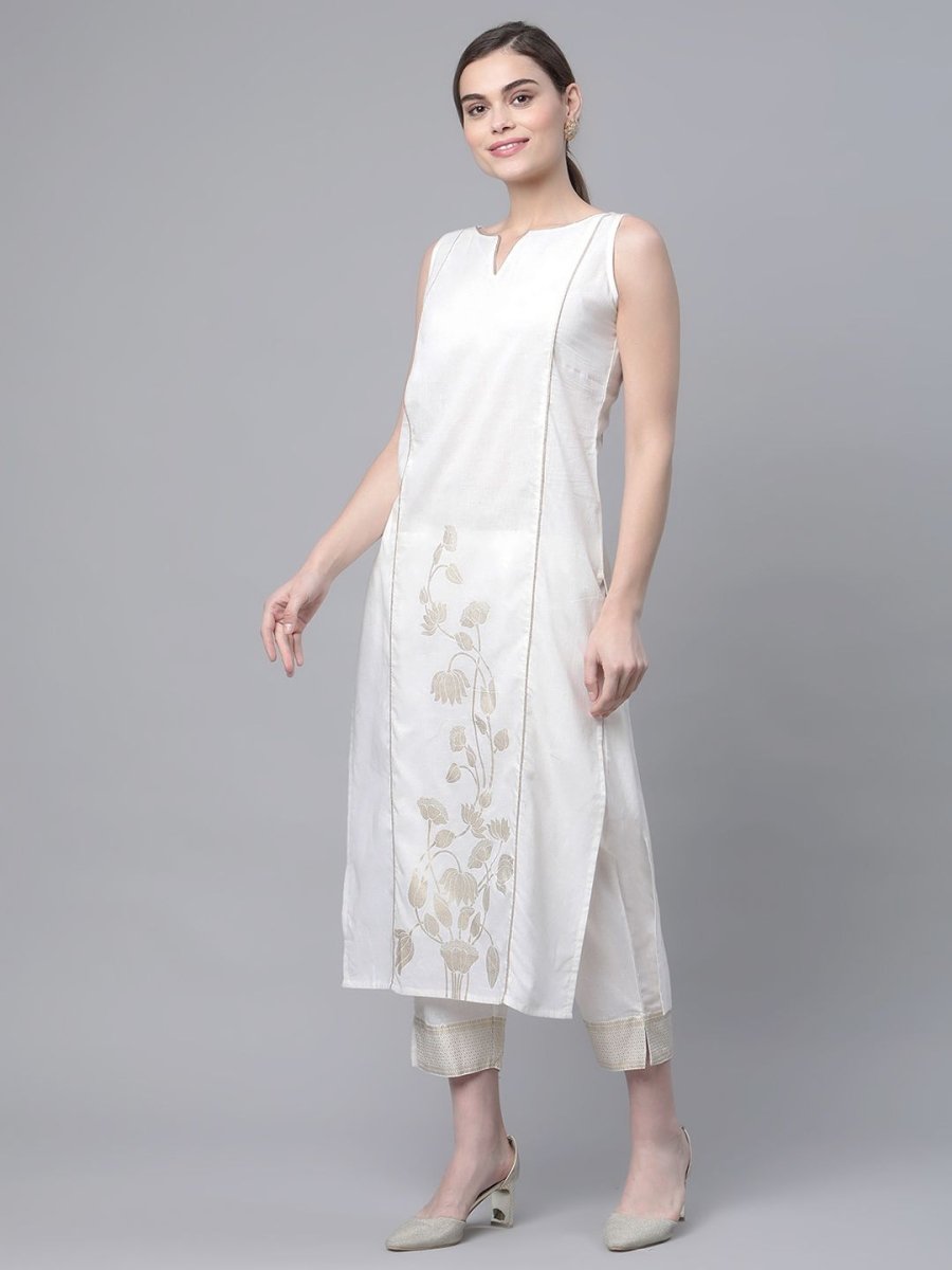 Ahalyaa Women Off White Pure Cotton Printed Kurta with Trousers - Distacart