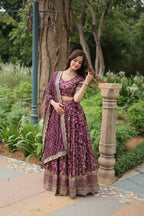 Lorenvalley Wine Pure Viscose Jacquard with Golden Embroidered Sequins work Lehenga Choli