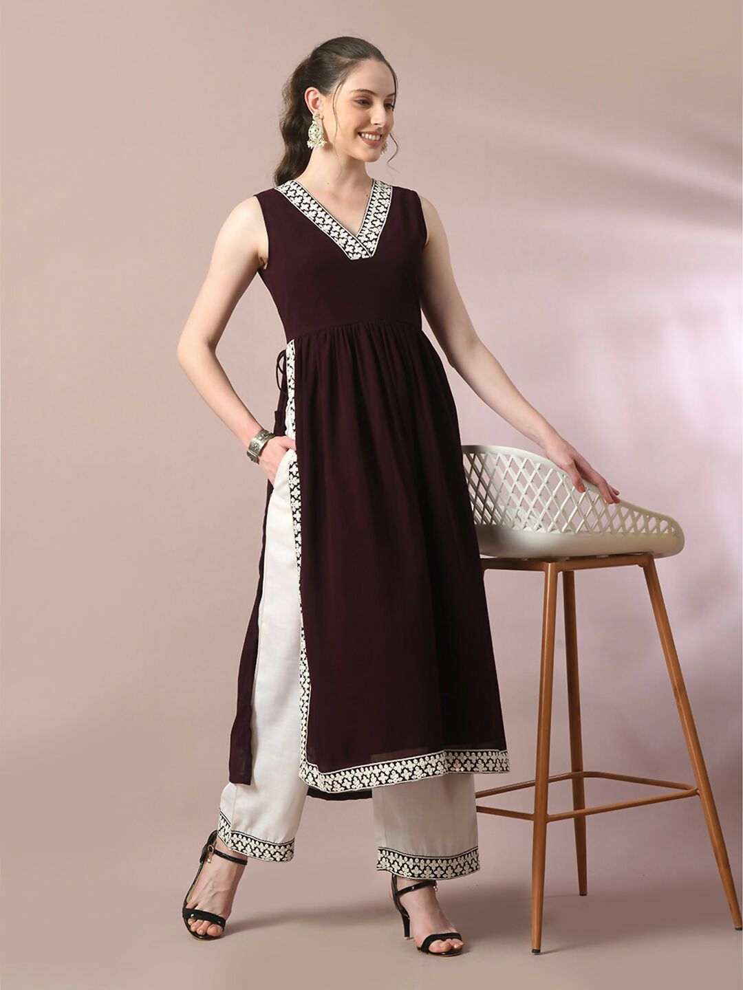 Myshka Women's Coffee Brown Solid Georgette Anarkali Party Kurta Set