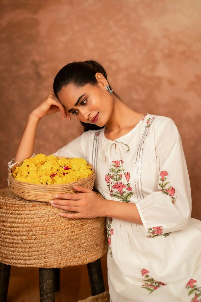 Joban Fashion Off White Pink Floral Hand Block Printed Cotton Kurta Pant Set - Distacart