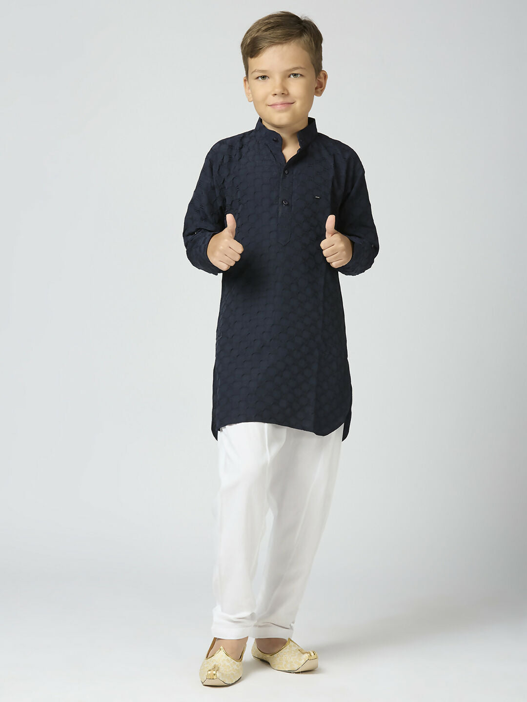 Joban Fashion Kids Island Full Sleeves Texture Cotton Kurta and Pyjama Set - Navy Blue