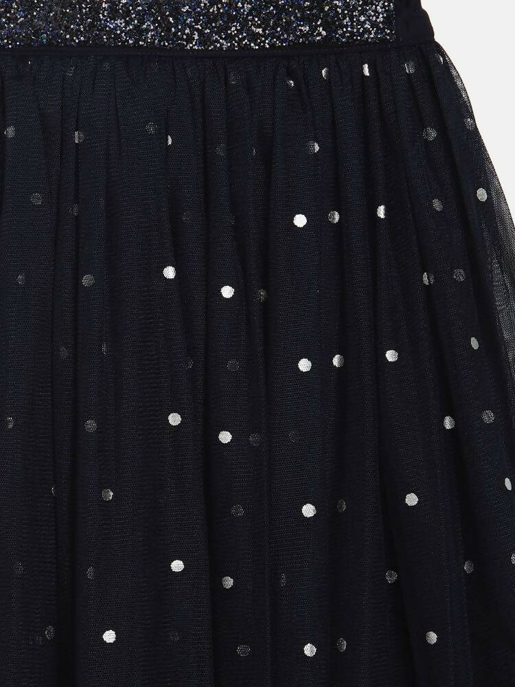 Ahalyaa Navy Blue Net Asymmetric Kids Top With Skirt For Girls