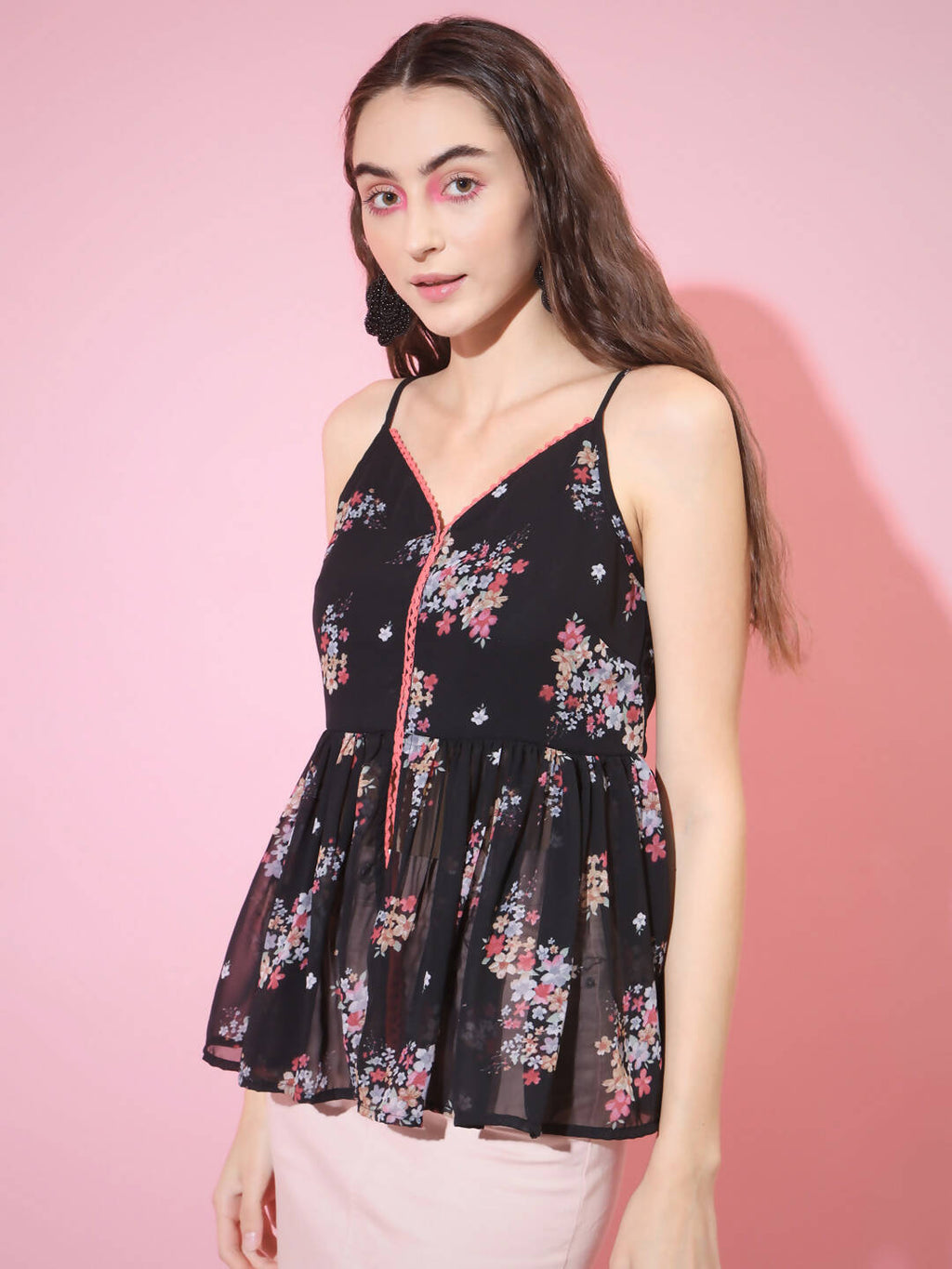 Myshka Women's Black Printed Sweetheart Neck Top