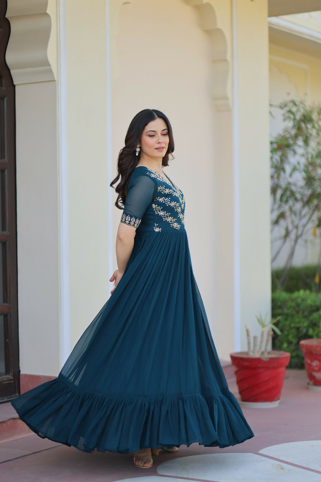 Joban Fashion Rama Green Georgette Sequence Embroidery Work Gown - Distacart