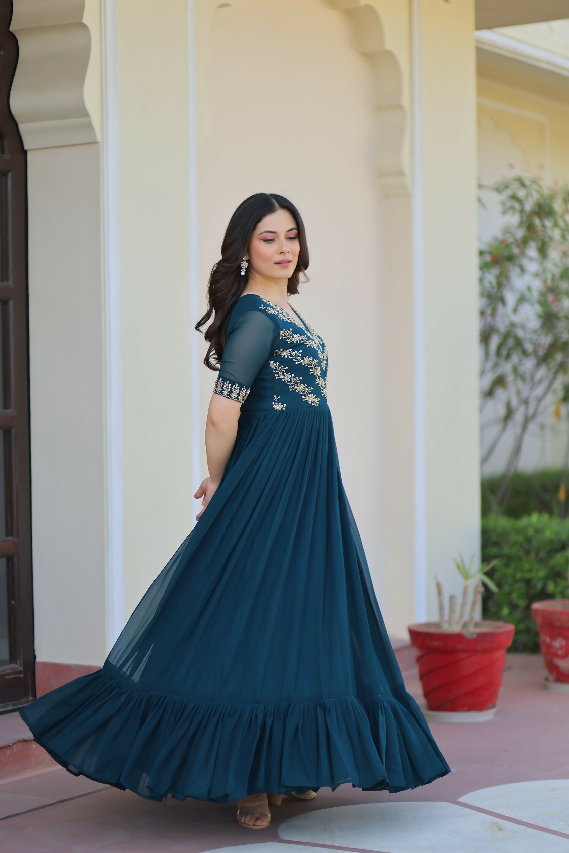 Joban Fashion Rama Green Georgette Sequence Embroidery Work Gown - Distacart