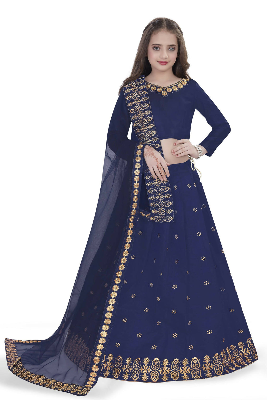 Dwiden Navy Blue Queen Tafetta Sattin Semi-Stitched Girl's Lehenga Choli