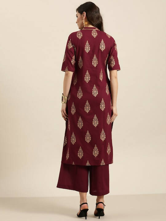 Women Maroon & Golden Pure Cotton Printed Kurta with Palazzos - Vishwa