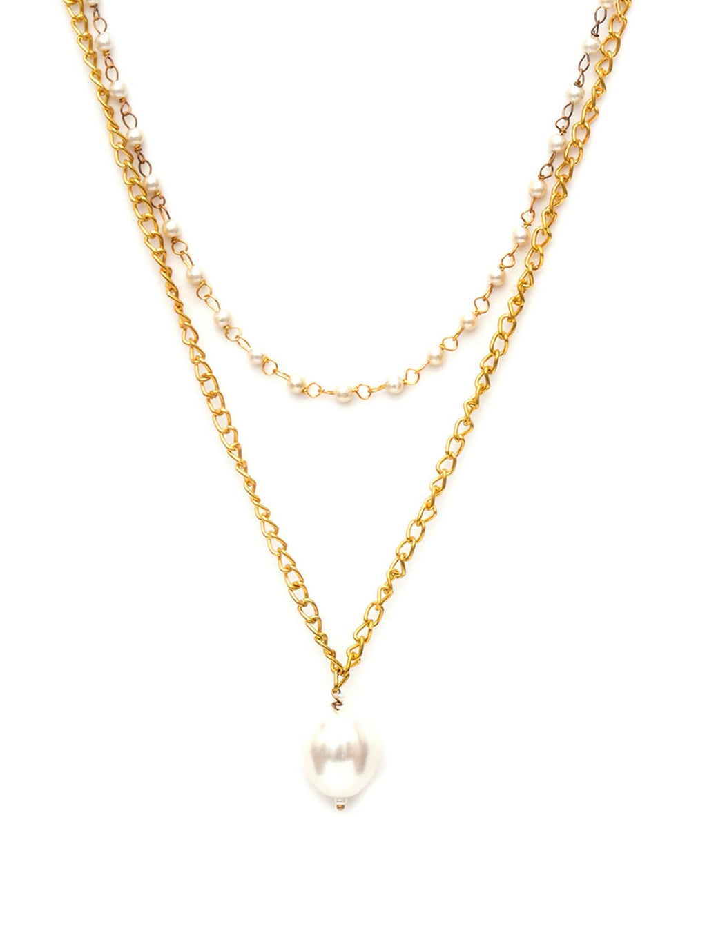 Layered Pearl and Gold Neckpiece with Emeralds (Gold) - Ruby Raang