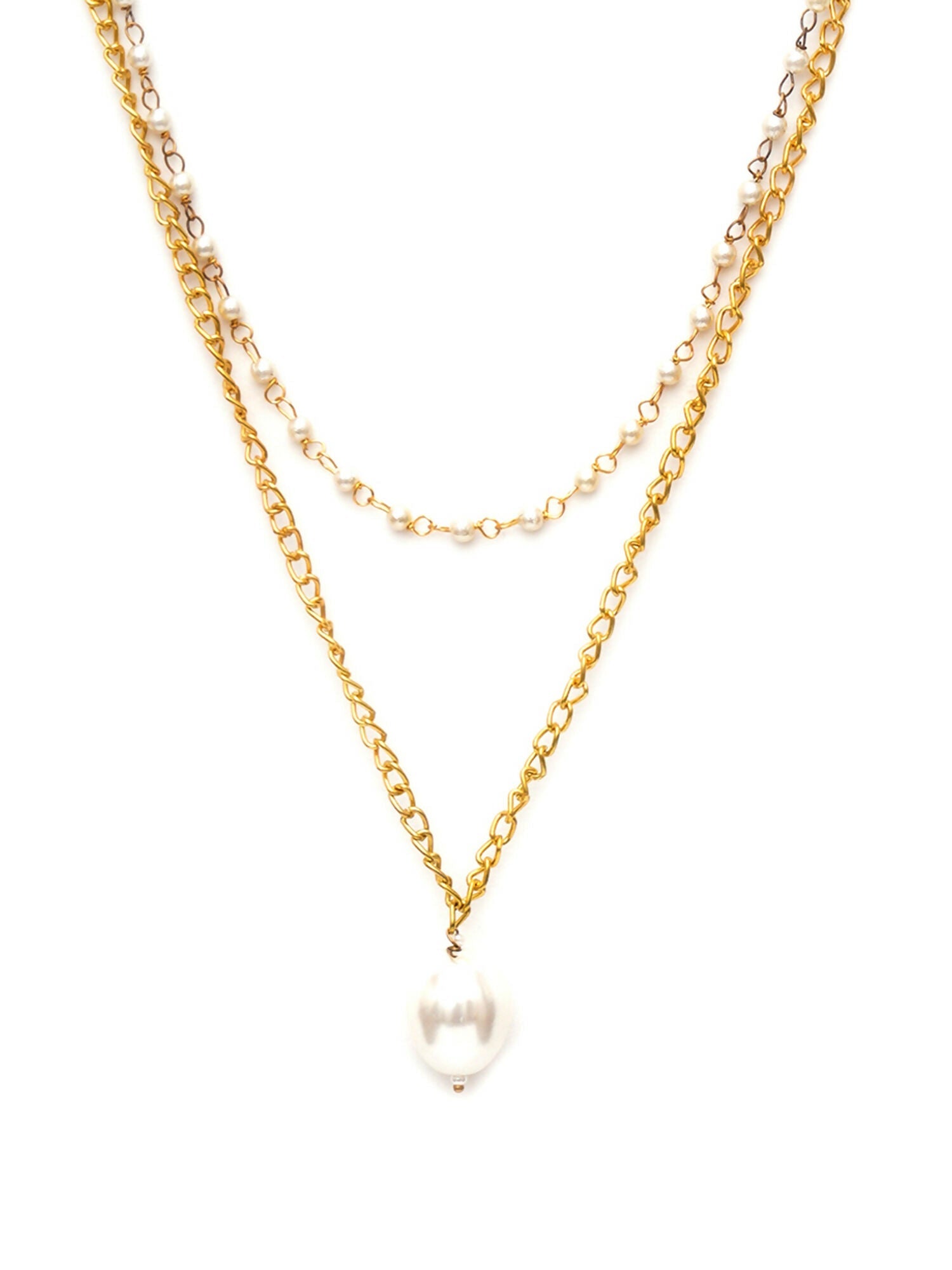 Layered Pearl and Gold Neckpiece with Emeralds (Gold) - Ruby Raang