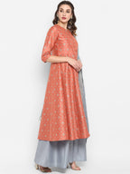Janasya Peach & Grey Floral Print Anarkali Kurta with Palazzos & Dupatta - Distacart