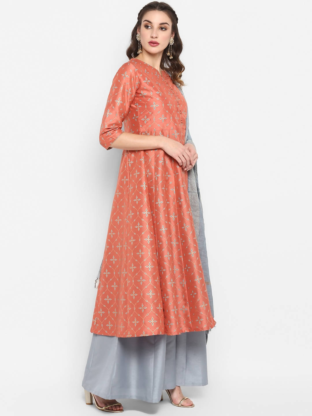 Janasya Peach & Grey Floral Print Anarkali Kurta with Palazzos & Dupatta - Distacart