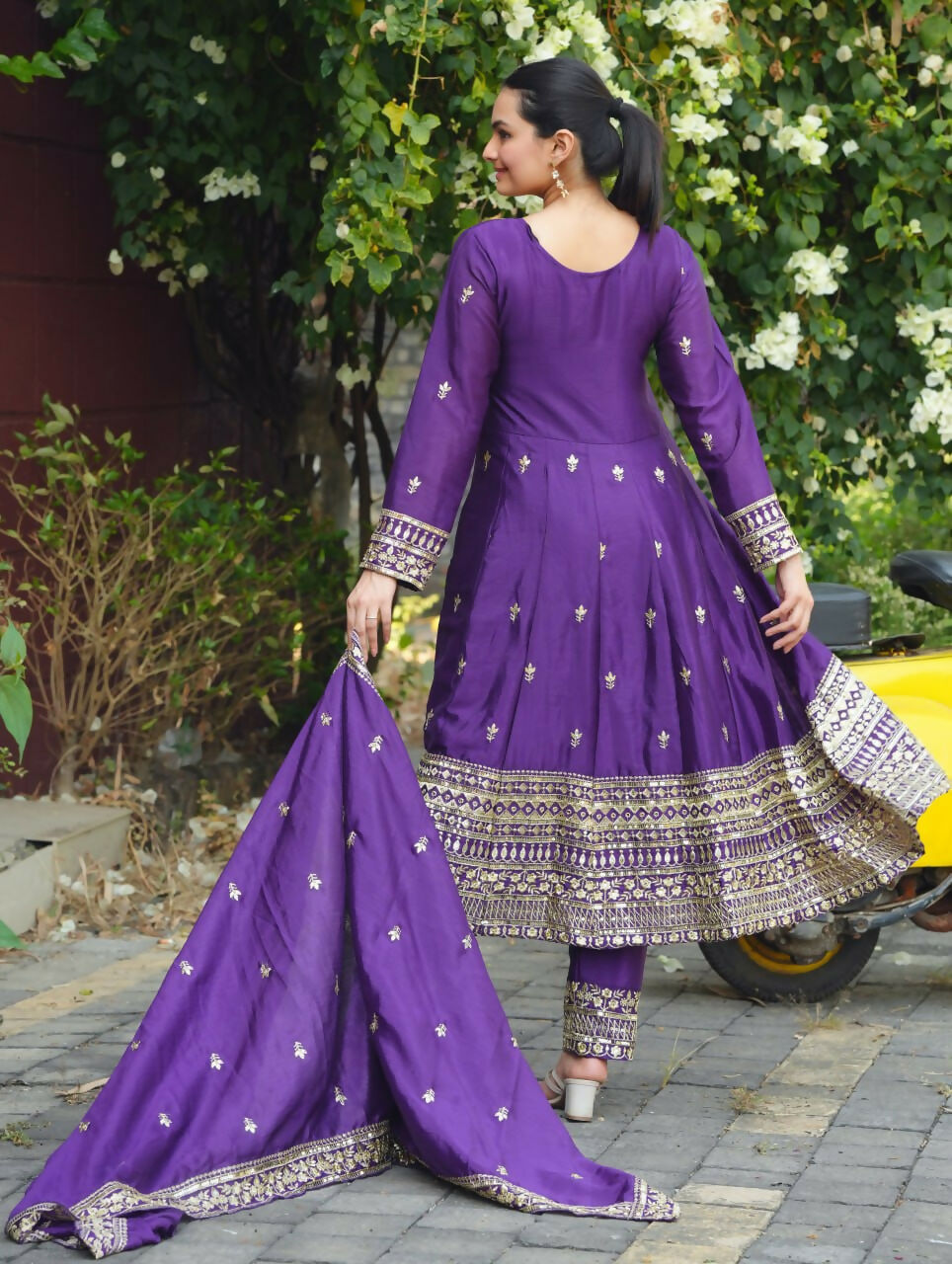 Teeya Creation Purple Color Chinon Silk Embroidery Work Long Gown