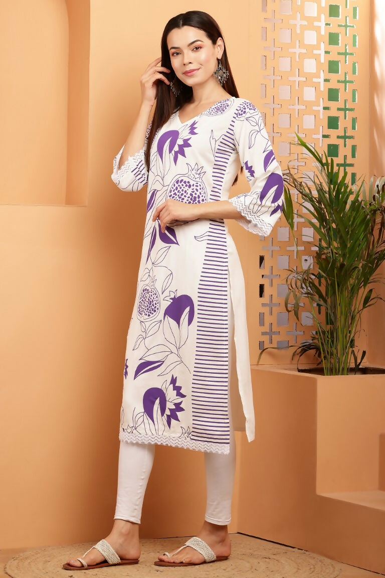 Cheera Women Stylish Hand Block Printed Cotton Blend Flared Kurta - Off White