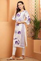 Cheera Women Stylish Hand Block Printed Cotton Blend Flared Kurta - Off White