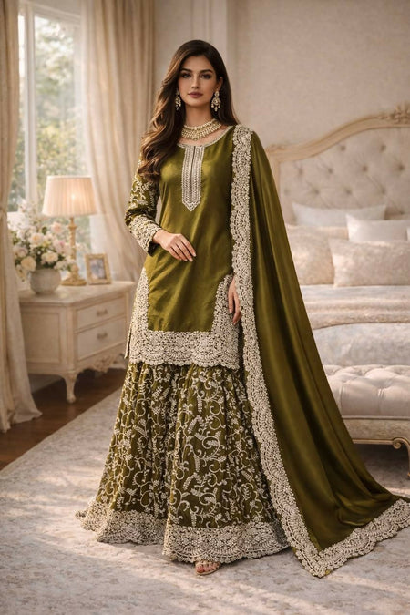 Teeya Creation Mehendi Fendy Satin Heavy Embrodiery Work Wedding Wear Salwar Suit