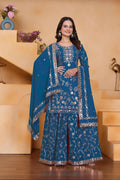 Lehenga Mart Designer Sharara Suit With Kurta, Sharara, Dupatta For Women-Teal Blue - Distacart