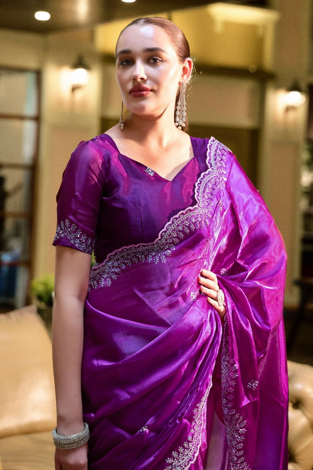 Vastranavya Purple Embroidery Work Shimmer Chiffon Saree with Unstitched Blouse - Distacart