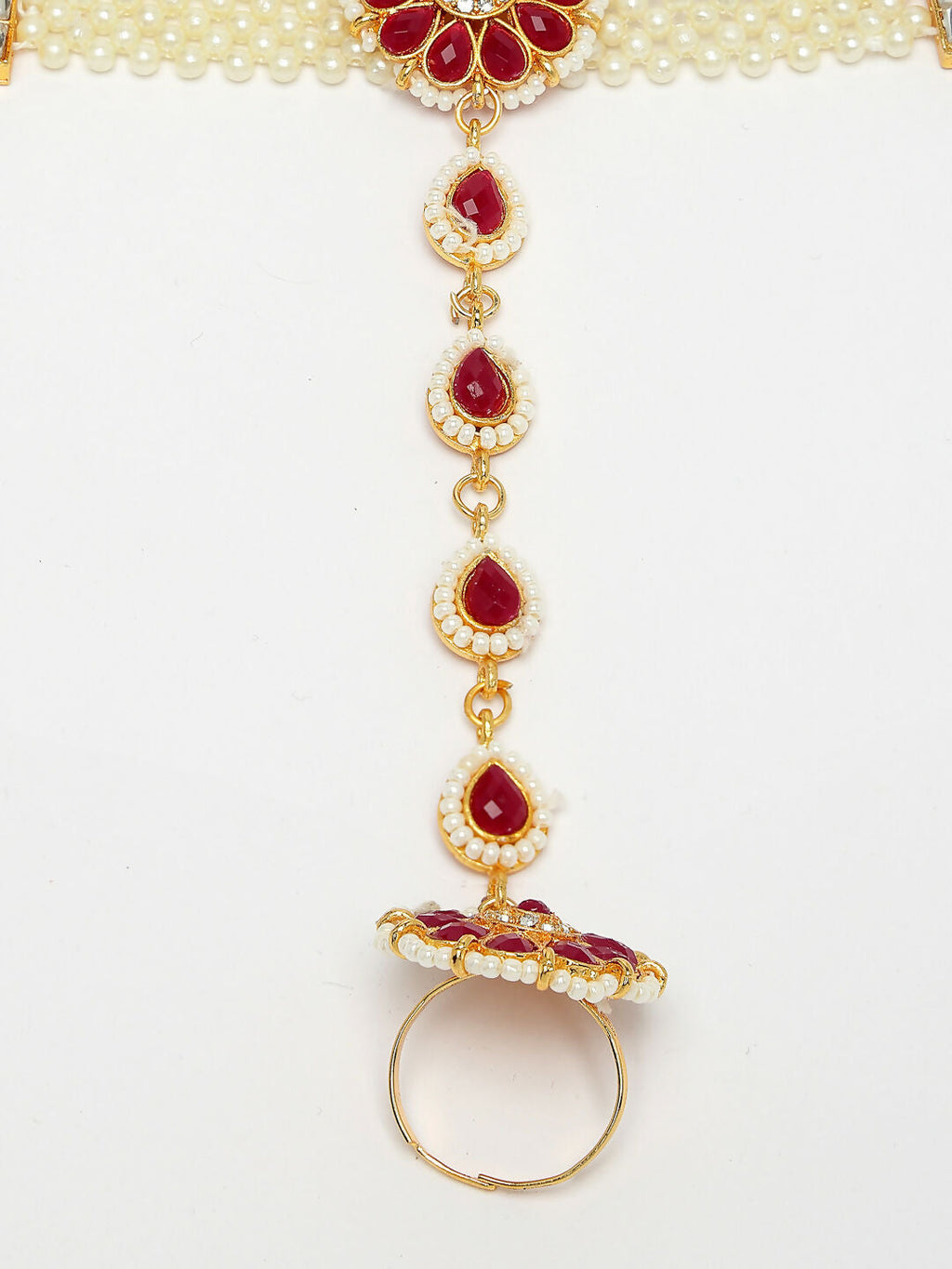 NVR Women's Red Gold-Polished Stone Studded Handcrafted Ring Bracelet - Distacart