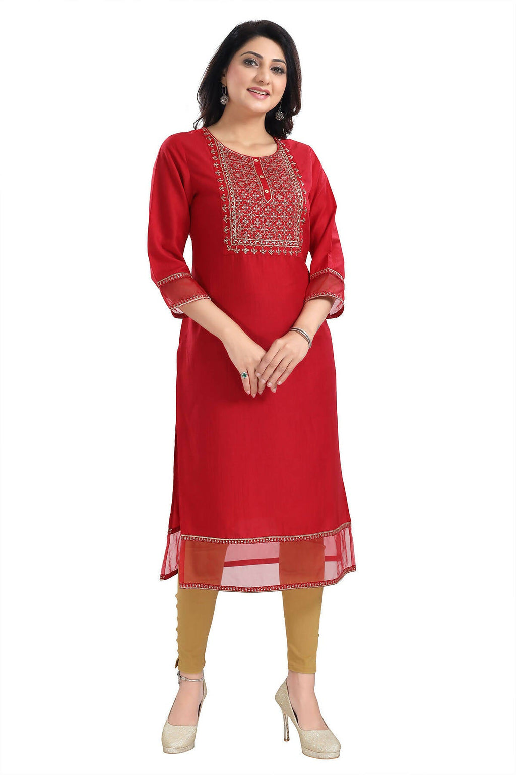 Snehal Creations Mighty Red Art Silk Designer Long Kurti Tunic With Zari Embroidery - Distacart
