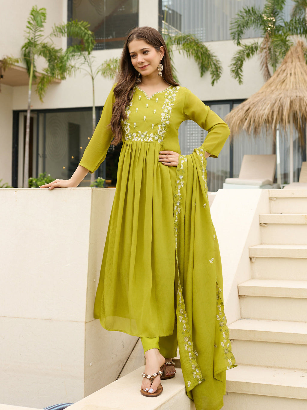 The52 Lemons Women's Gorgeous Chinon Embroidered Flared Kurta with Pant And Dupatta Set - Distacart