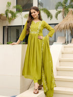 The52 Lemons Women's Gorgeous Chinon Embroidered Flared Kurta with Pant And Dupatta Set - Distacart