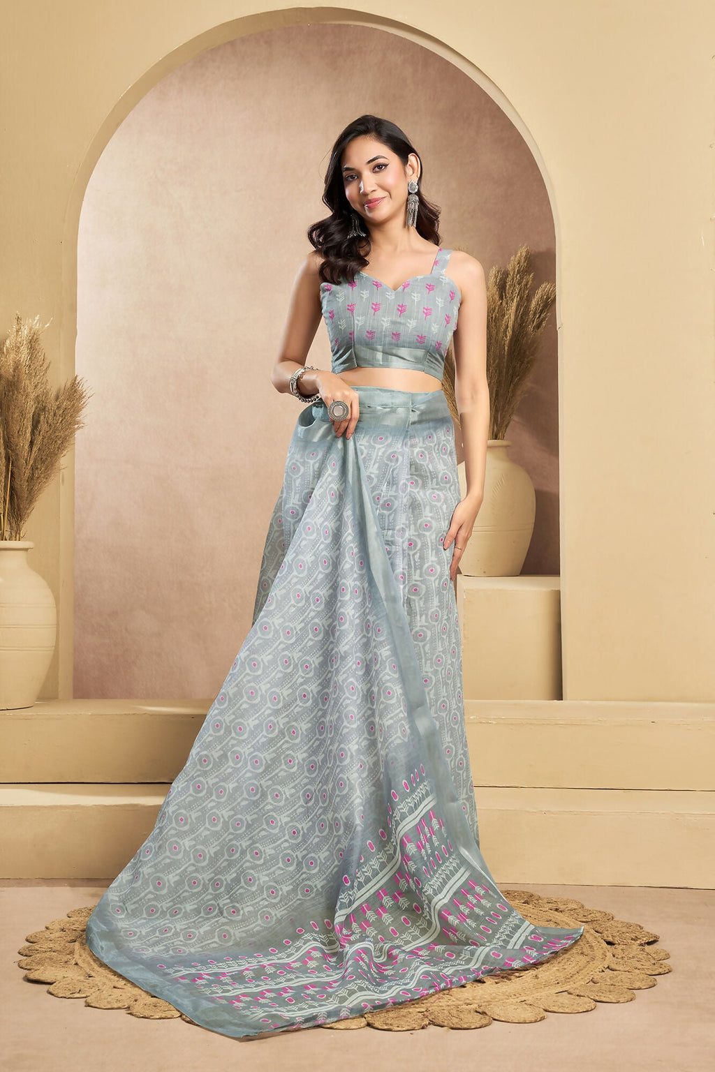 Vastranavya Grey Digital Printed Linen Ready To Wear Designer Saree with Unstitched Blouse - Distacart