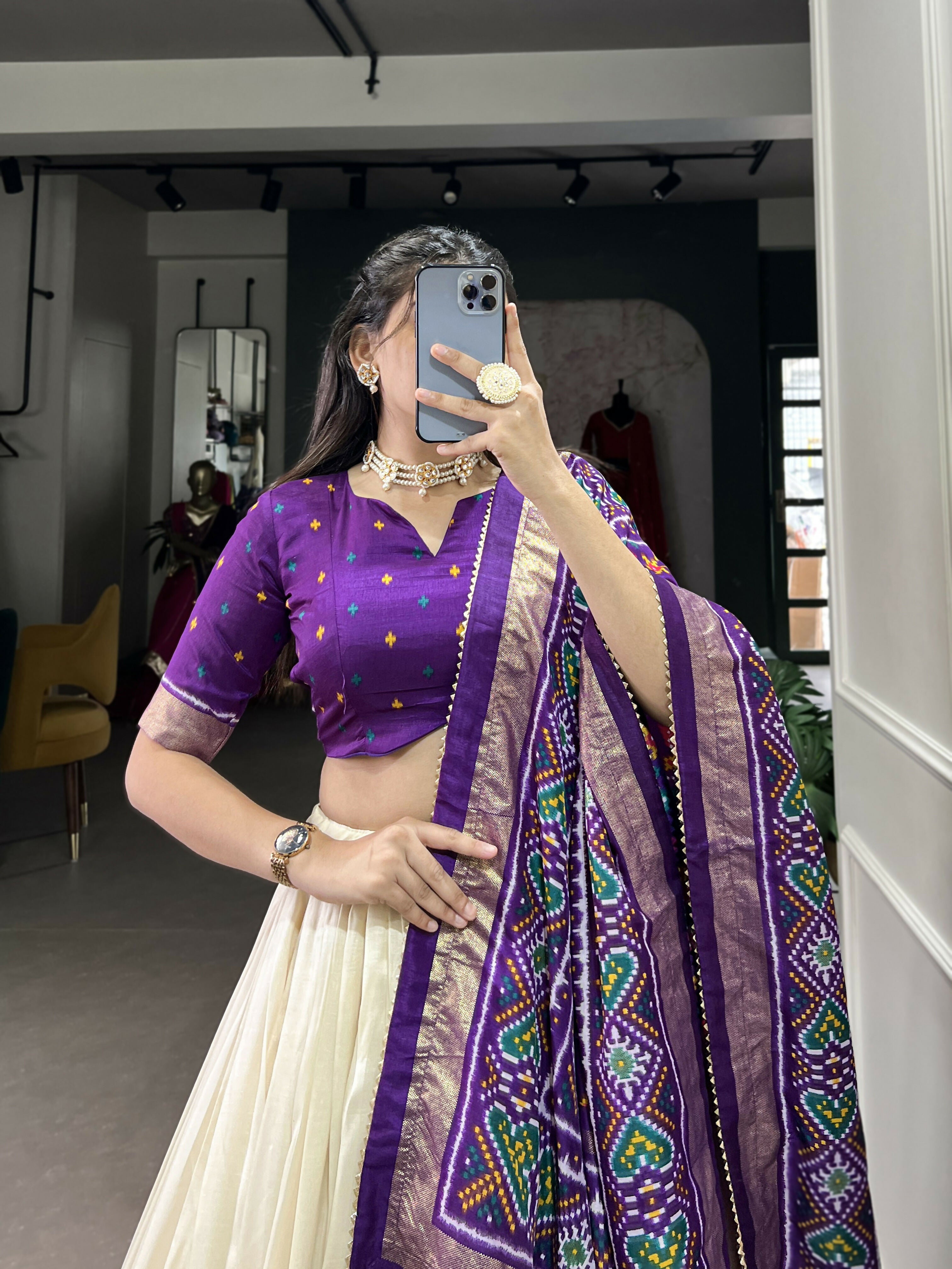 Lorenvalley Offwhite and Purple Tussar Silk Patola Print Lehenga Choli
