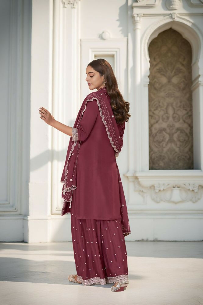 EthnicFestive Wear Premium Chinon Fabric Maroon Stitched Suit With Dupatta-Zeeya