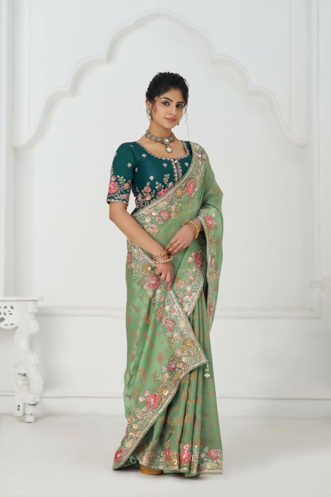 Kesar Fab Green Net Embroidered Lehenga