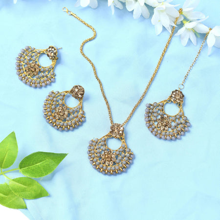 Mominos Fashion Johar Kamal Gold-Polished Brass Finish Long Necklace For Women (Golden/Grey)