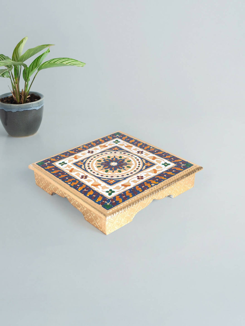 Golden Peacock Gold-Toned & Red Handcrafted Meenakari Wooden Chowki