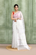 Piyari Fashion Women's White Embellished Cotton Blend Jamdani Saree - Distacart