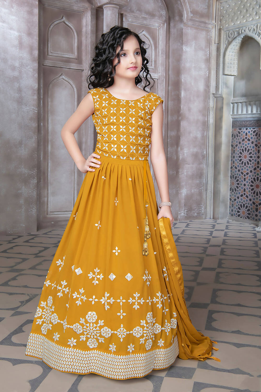 Kids Wedding Designer Yellow Georgette Lehenga Choli - Aaradhna