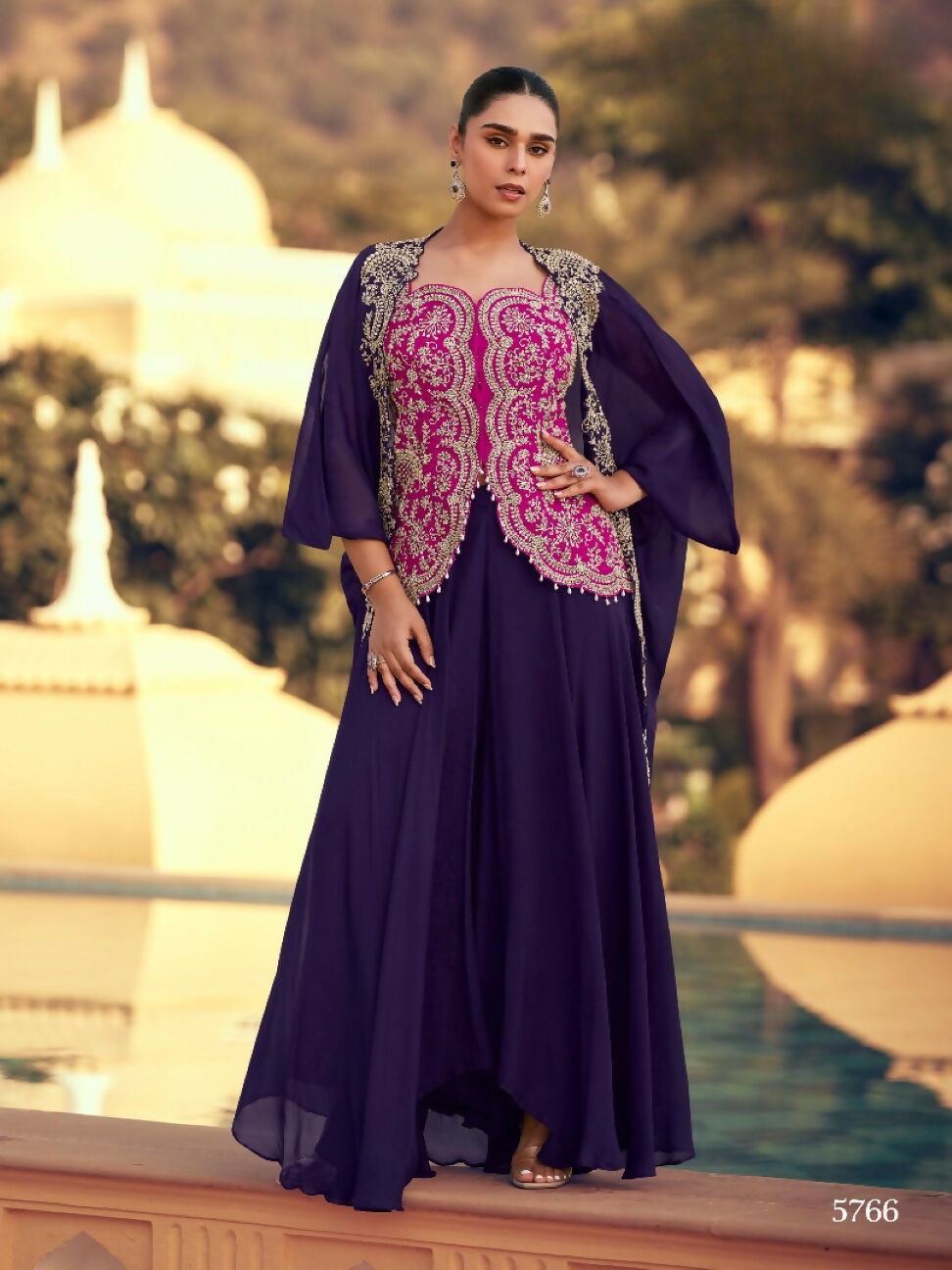 Anaita violet Chinon Readymade Shrug Suit with Heavy Embroidery Work - Distacart