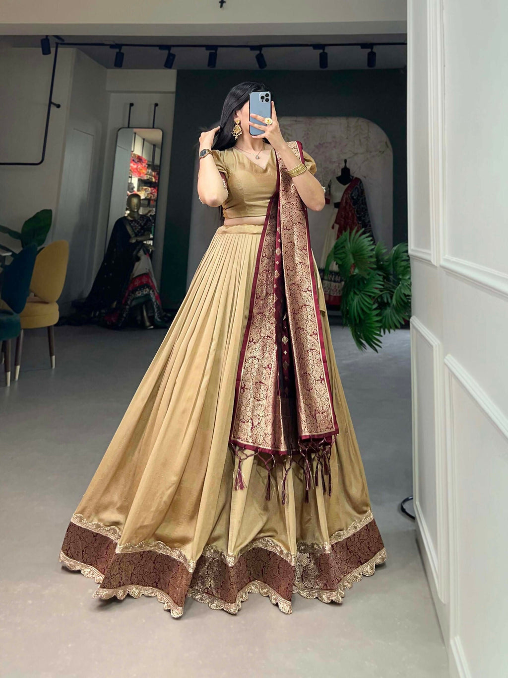 Vastranavya Traditional Jacquard Vichitra Silk Lehenga Choli - Chiku